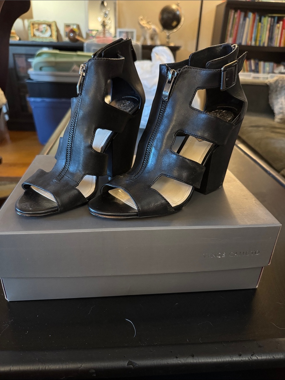 Vince Camuto Black Cutout Zip Block Heel Sandals